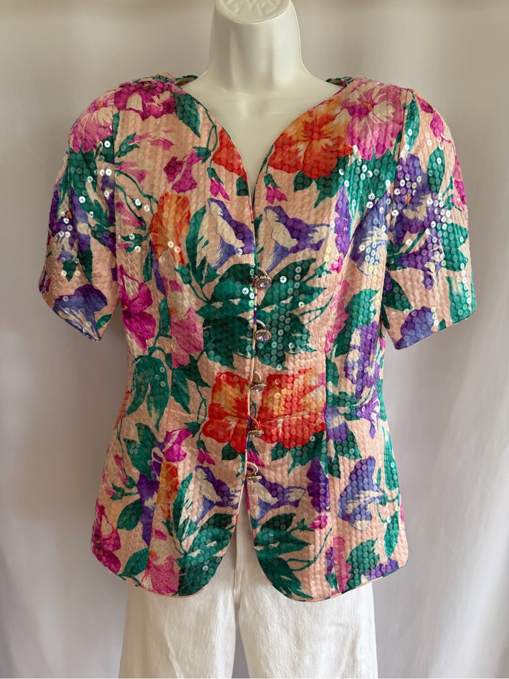 Vintage A.J. Bari Silk Sequin Floral Print Blouse with Rhinestone Size Large